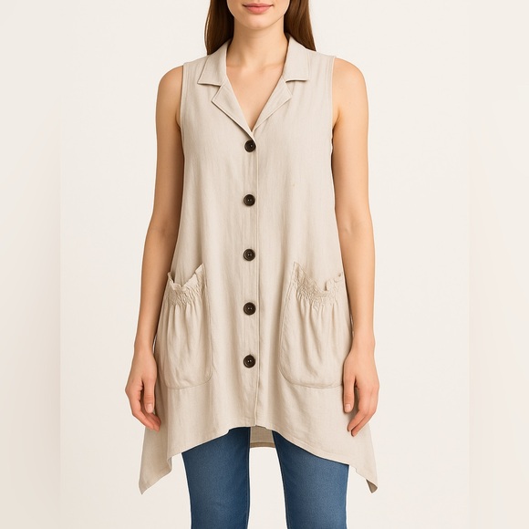 Forcynthia Dresses & Skirts - FORCYNTHIA Linen Blend Sleeveless Tunic Vest Dress L Beige Button Front Pockets